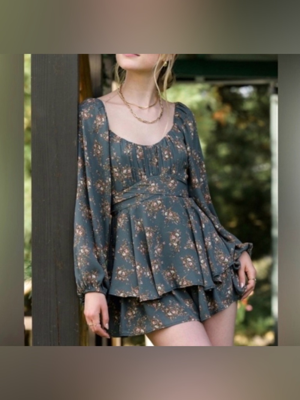 Altar'd State Weslia Floral Romper-Dark Green Floral Long Sleeve Romper Size XS